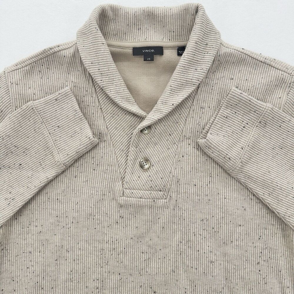 Vince Mens Henley Sweater Shawl Collar Large Double Knit Pullover Beige Ribbed